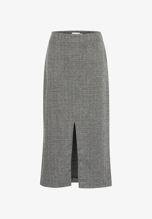 Pelēka zīda svārku svītraina hounds-tooth rakstā ar priekšējo rozeti. Izgatavots no teksturēta auduma, ar piegulošu jostas daļu un līdz ceļiem garumu.