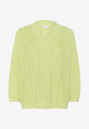 Light green knitted oversized sweater with a V-neck, featuring open stitch patterns along the center and sleeves.