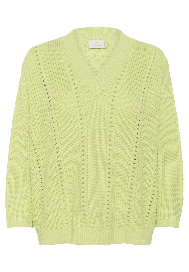 Gaiši zaļš adīts oversized džemperis ar V veida kakla izgriezumu, kas ietver atvērtu adījuma rakstu gar centrālo daļu un piedurknēm.