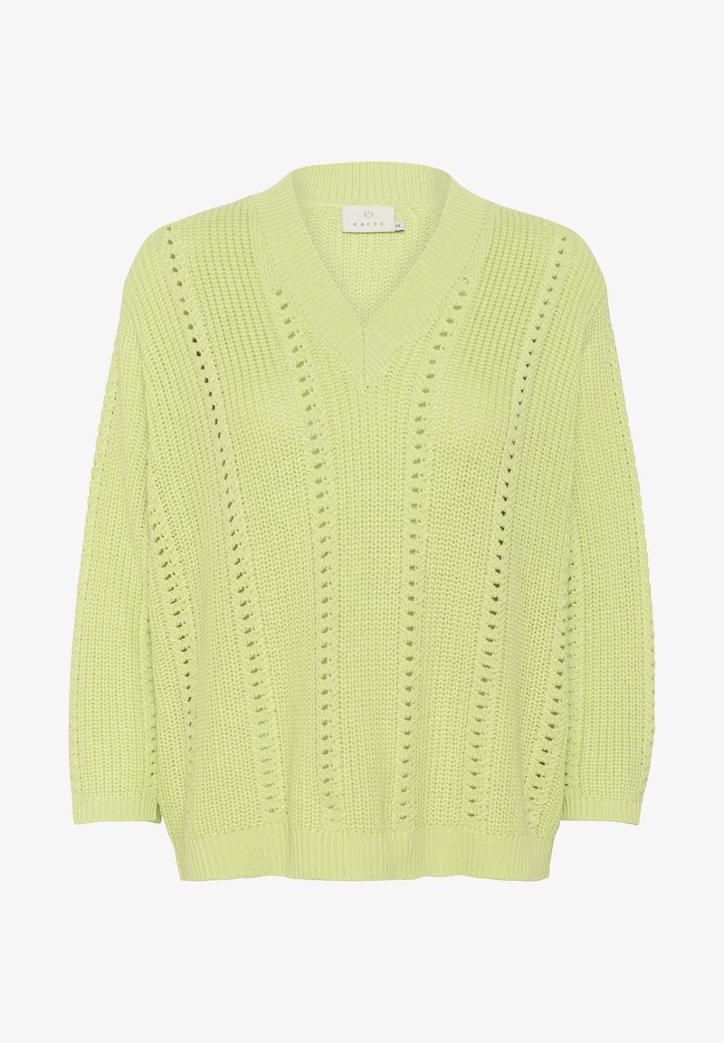 Gaiši zaļš adīts oversized džemperis ar V veida kakla izgriezumu, kas ietver atvērtu adījuma rakstu gar centrālo daļu un piedurknēm.