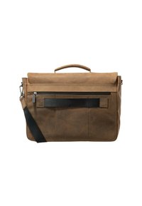 Borsa a tracolla in pelle marrone con manico superiore, tracolla nera regolabile, tasca con zip e dettagli con fascia orizzontale sulla parte anteriore.