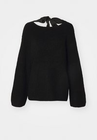 Black knitted sweater with long, ribbed sleeves and a wide neckline. Features a fabric tie at the back. Soft texture and boxy fit.