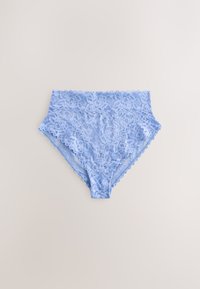 Light blue high-waisted lace panties with floral pattern and scalloped edges on a plain light background.