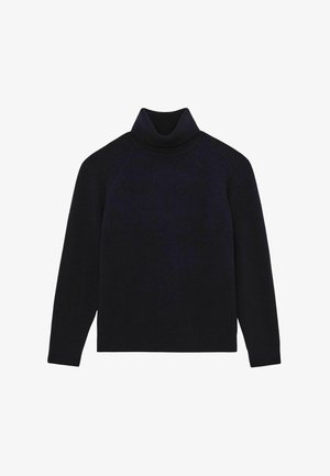 Tamsiai mėlynas megztinis su apykakle, turintis raukšlėtą apykaklę ir raglanines rankoves, pagamintas iš minkštos megztos medžiagos su lygiu paviršiumi.