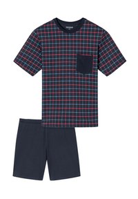 Checkered pajama set featuring a navy short-sleeve top with a pocket and matching solid navy shorts. Made from soft fabric with a comfortable fit.