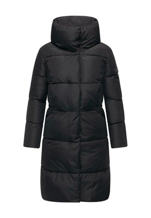 Mustast pufjakist, millel on kõrge krae, kuni küünarnukkideni ulatuvad varrukad ning slim-fit lõige. Valmistatud läikivast materjalist, mis pakub soojust.