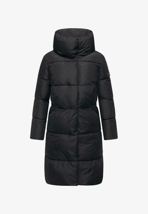 Mustast pufjakist, millel on kõrge krae, kuni küünarnukkideni ulatuvad varrukad ning slim-fit lõige. Valmistatud läikivast materjalist, mis pakub soojust.