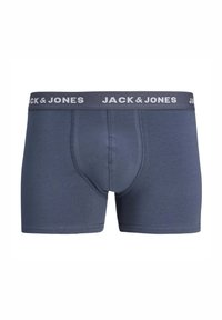 Tamsiai mėlynos boxer tipo apatinės kelnės su pilku elastingu juosmeniu, ant kurio matomas "JACK & JONES" logotipas. Pagamintos iš minkštos, elastingos medžiagos. Matomi siūlės detalės.