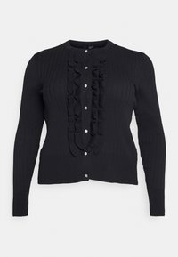 Cardigan noir côtelé à manches longues, avec un panneau froncé à l'avant et sept boutons ronds étincelants alignés au centre.