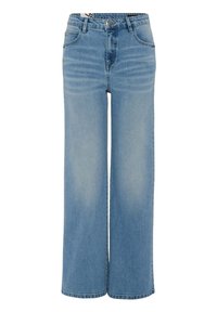 Jean bleu clair à jambes larges, taille haute, fermeture devant par boutons et légère décoloration subtile sur les cuisses et le bas des jambes.