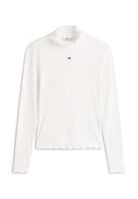 Λευκό μακρυμάνικο τοπ με ριμπ υφή, ψηλό γιακά με βολάν και μικρή διακριτική στάμπα στο στήθος. Απαλό, ελαφρύ ύφασμα, κοντό μήκος.