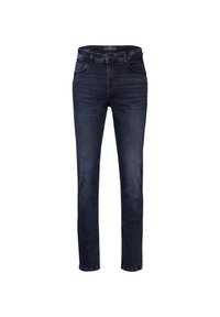 Mörkblå slim-fit jeans för män med framfickor, bältesöglor och knäppning på en vit bakgrund.