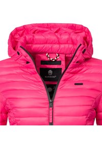 Bright pink puffer jacket with a hood, featuring a horizontal quilted design, black zipper, and adjustable drawstring inside the collar.