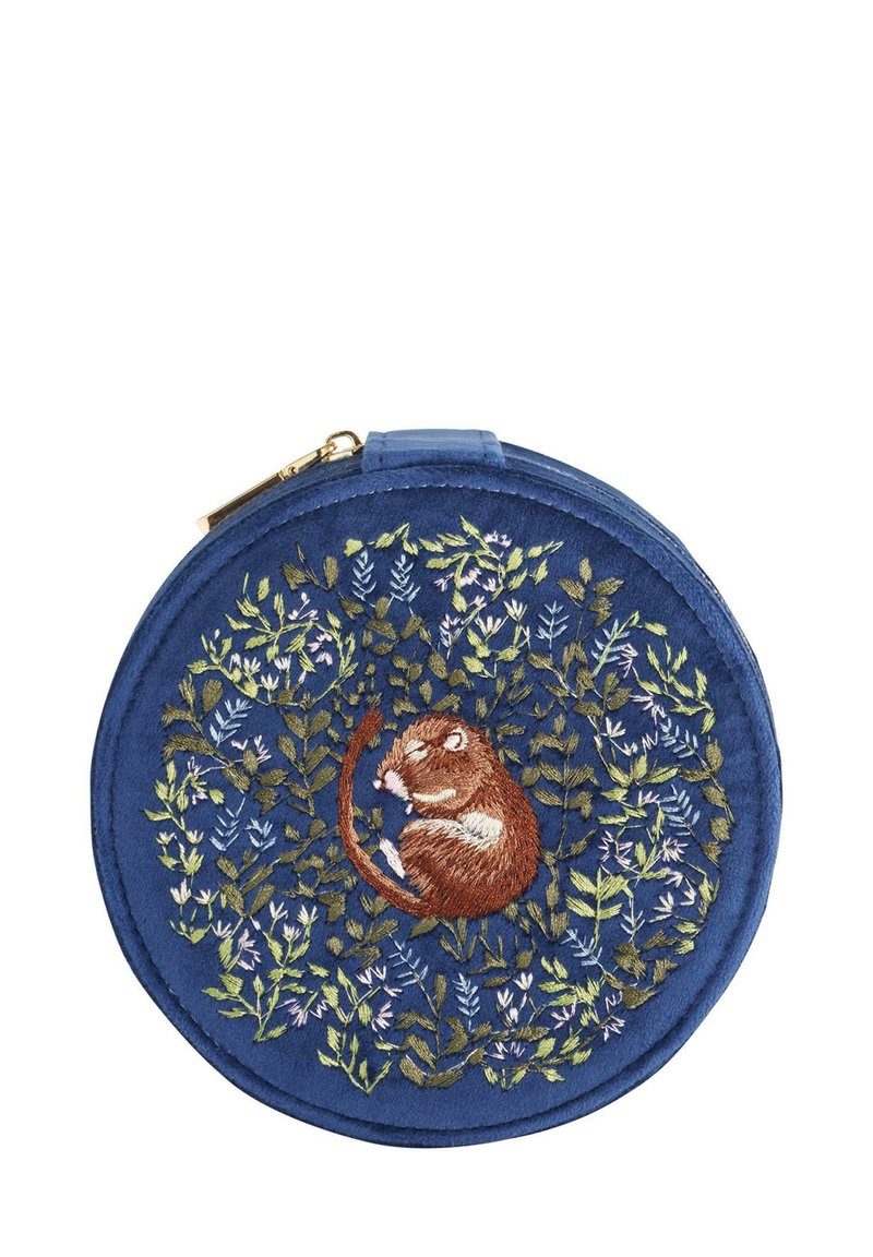 Round, dark blue pouch featuring a textured surface and embroidered brown animal surrounded by green and purple foliage. Gold zipper accent.