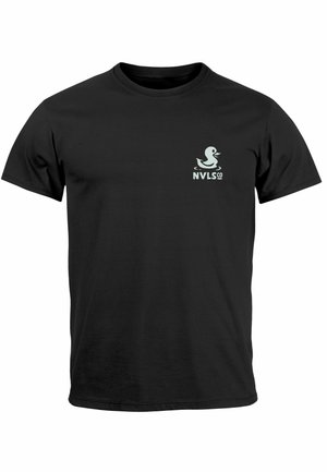 Black cotton t-shirt featuring a light green duck logo and “NVLS CO” text on the left chest. Classic crew neck design and short sleeves.