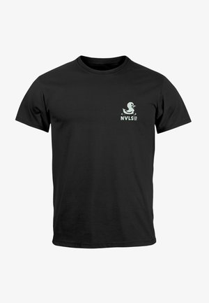 Black cotton t-shirt featuring a light green duck logo and “NVLS CO” text on the left chest. Classic crew neck design and short sleeves.