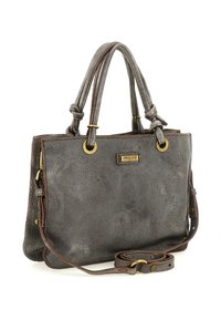 Borsa a mano in pelle grigio scuro con doppi manici, tracolla removibile e accessori in tonalità oro su sfondo bianco.