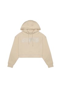 Hoodie cropped beige con cappuccio, maniche lunghe e grafica frontale con dettagli in tono argento. Tessuto morbido con una vestibilità rilassata.