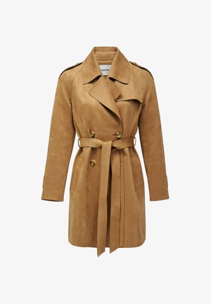 Tan suede trench coat with a belt, double-breasted button closure, epaulets, and side pockets. Smooth texture and tailored fit.
