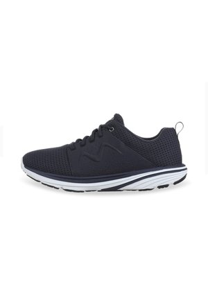Dark navy athletic shoe with a mesh upper, lace-up design, perforated sides, and white midsole. Features a rear pull tab for easy wear.