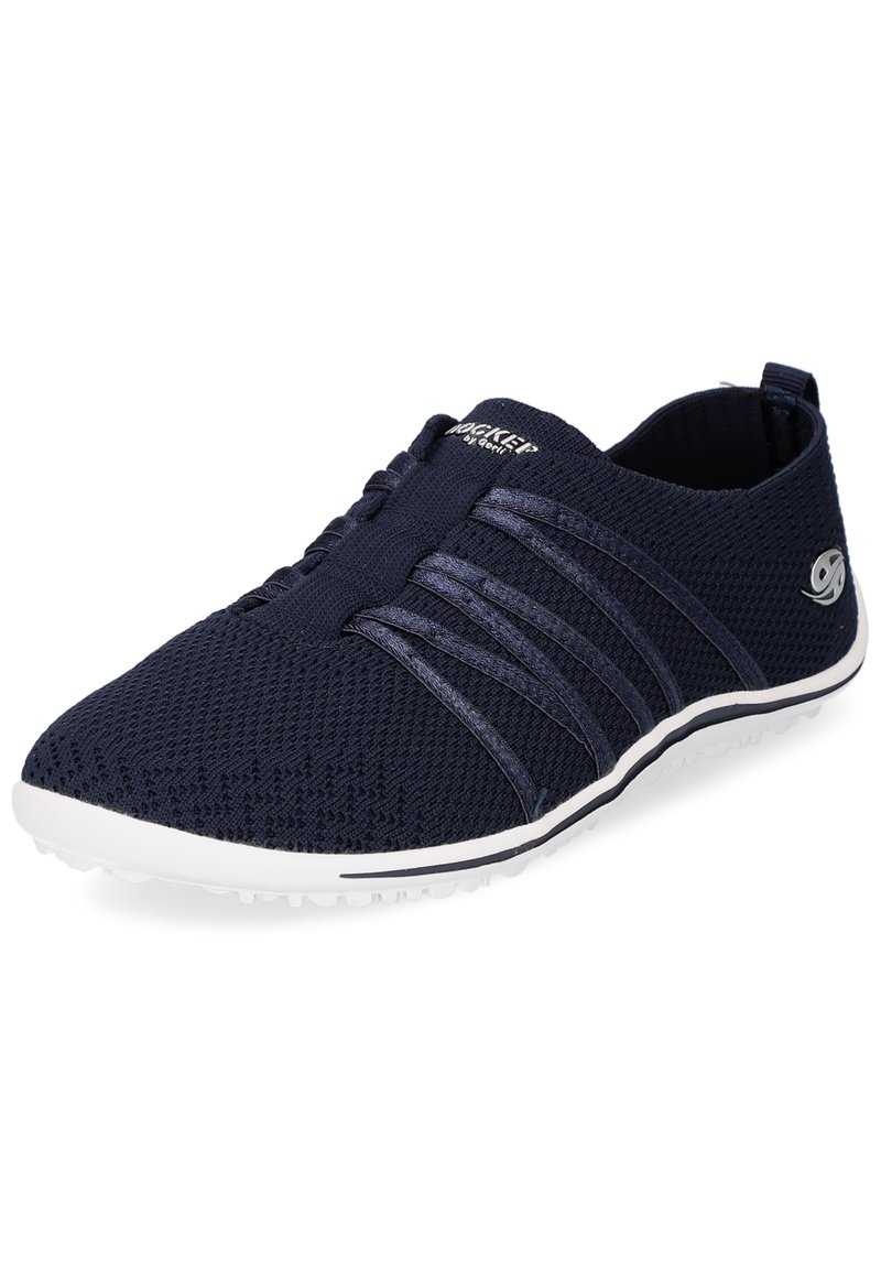 Navy textile slip-on shoes with mesh upper, elastic bands across the midfoot, white rubber sole, and textured details on the toe area.
