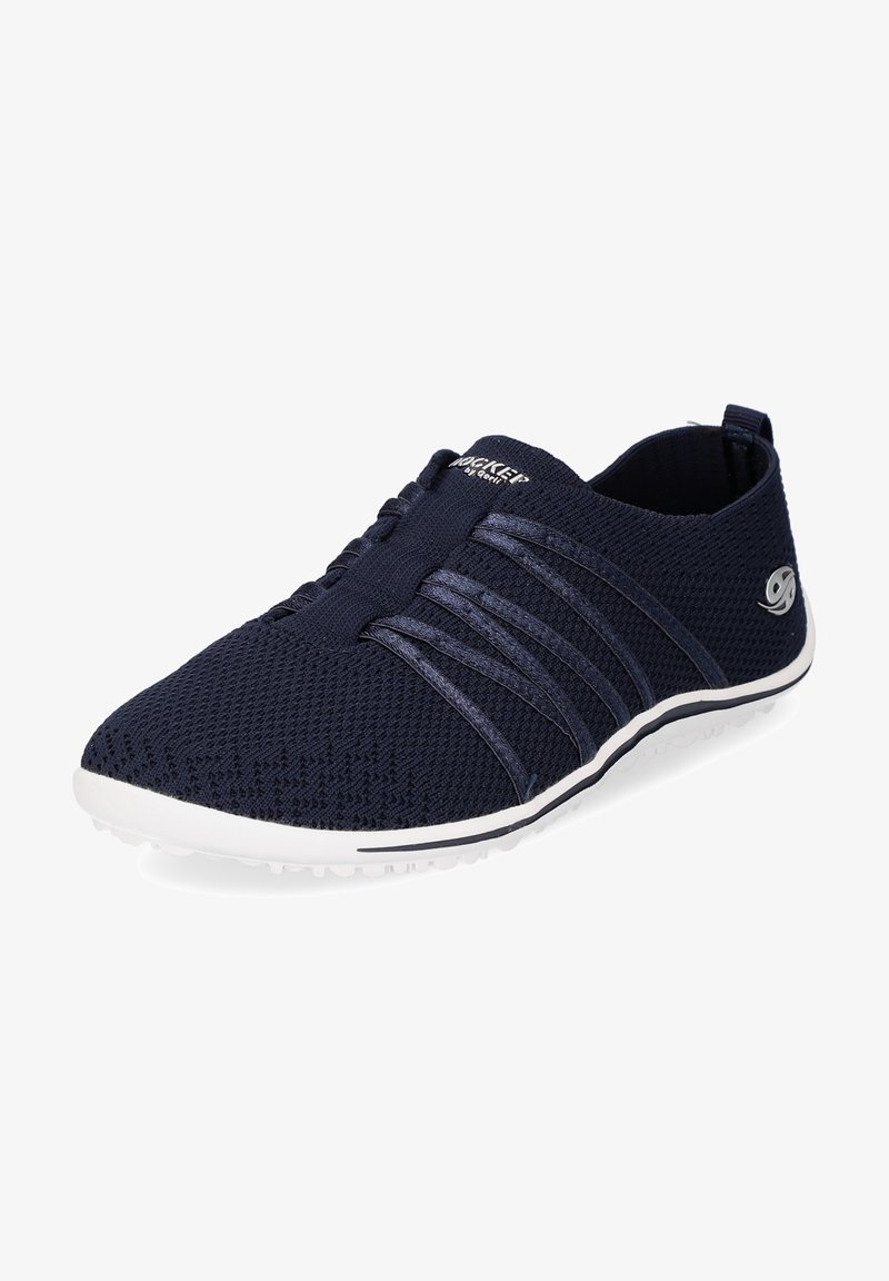 Navy textile slip-on shoes with mesh upper, elastic bands across the midfoot, white rubber sole, and textured details on the toe area.
