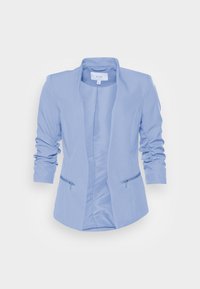 Světle modrý blazer s dlouhými rukávy. Obsahuje šálový límec, dvě kapsy na zip a hladkou, strukturovanou texturu látky.