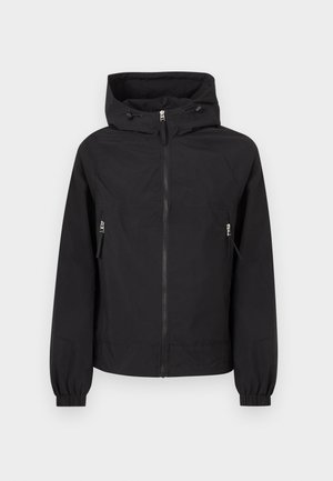 Must kapuutsiga jakk esikinnise, kahe küljetasku tõmblukuga ja varrukate elastsete mansettidega.