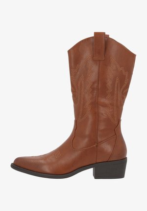 Botte de cowboy western en cuir marron avec coutures décoratives, hauteur mi-mollet, languette de traction et petit talon empilé.