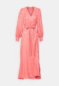 Rosa omwrap-klänning med långa, puffiga ärmar och blommönster. Knytband i midjan och en utställd nederkant. Slät satinkvalitet.