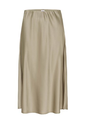 Suknja od bež satena do koljena, s glatkom teksturom, elastičnom stražnjom trakom i blagim bočnim prorezom za lakše kretanje.