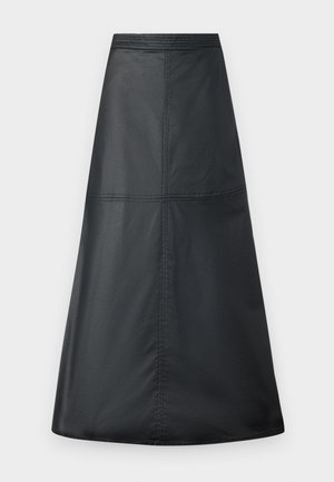 Svart A-linjet skjørt laget av glatt, lett stoff. Har en flat midje og sydd paneldesign. Gulvlengde.