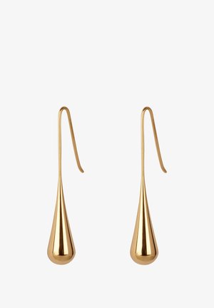 Gouden metalen druppeloorbellen met een watervalmotief, voorzien van een gladde, reflecterende oppervlakte en een verlengde haak voor een veilige draagervaring.