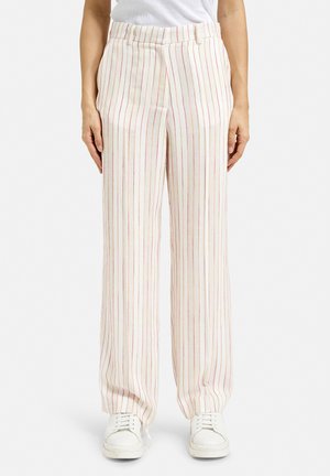 White striped wide-leg trousers with red and yellow vertical lines, featuring a smooth fabric, fitted waist, and subtle front pleats.