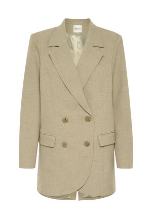 Double-breasted blazer in light beige fabric with a textured finish, featuring notched lapels, two front pockets, and gold-colored buttons.