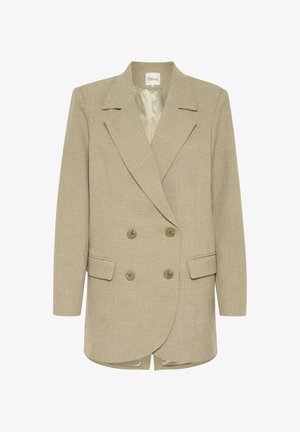 Dubbelzijdig blazer in lichtbeige stof met een gestructureerde afwerking, voorzien van revers, twee voorzakken en gouden knopen.