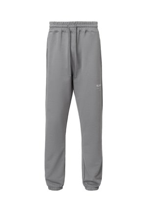 Light gray casual sweatpants with elastic waistband, drawstring, side pockets, and elastic cuffs, featuring small white logo on thigh.