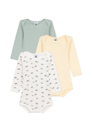 Drei langärmelige Babybodysuits: hellgrün gestreift, einfarbig gelb und weiß mit Igelmotiv. Aus weichem Baumwollmaterial, mit Druckknopfverschluss am Boden.