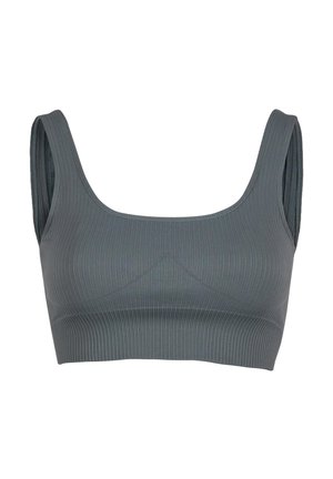 Top court gris à côtes avec un décolleté carré, de larges bretelles et des détails de couture subtils, fabriqué en tissu extensible doux pour le confort.
