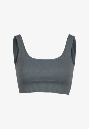 Top court gris à côtes avec un décolleté carré, de larges bretelles et des détails de couture subtils, fabriqué en tissu extensible doux pour le confort.