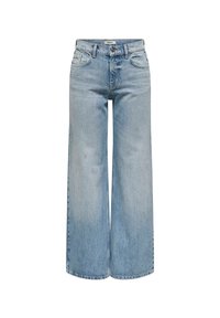 Jeans de mezclilla de pierna ancha en azul claro. Cintura alta, cinco bolsillos, costuras visibles y corte recto desde la cintura hasta el dobladillo.