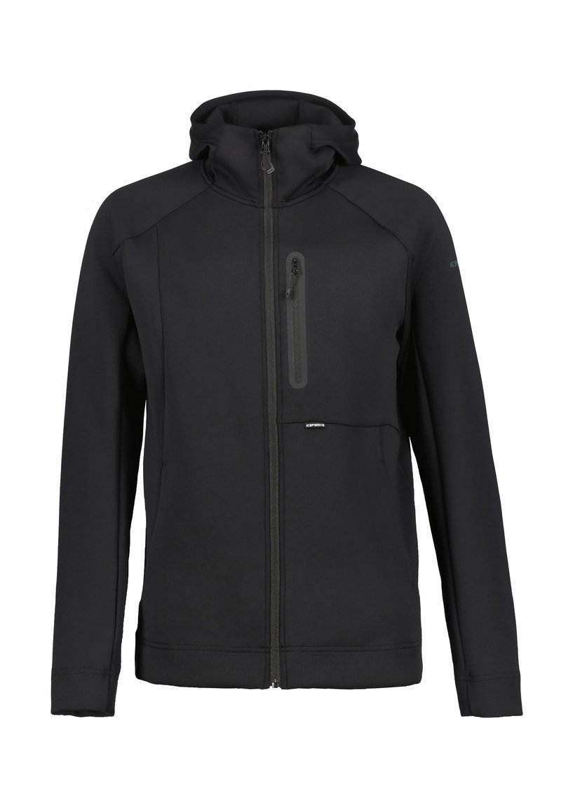 Felpa nera con zip realizzata in un tessuto morbido e elasticizzato. Presenta un colletto alto, una chiusura frontale con zip e una tasca sul petto con zip.