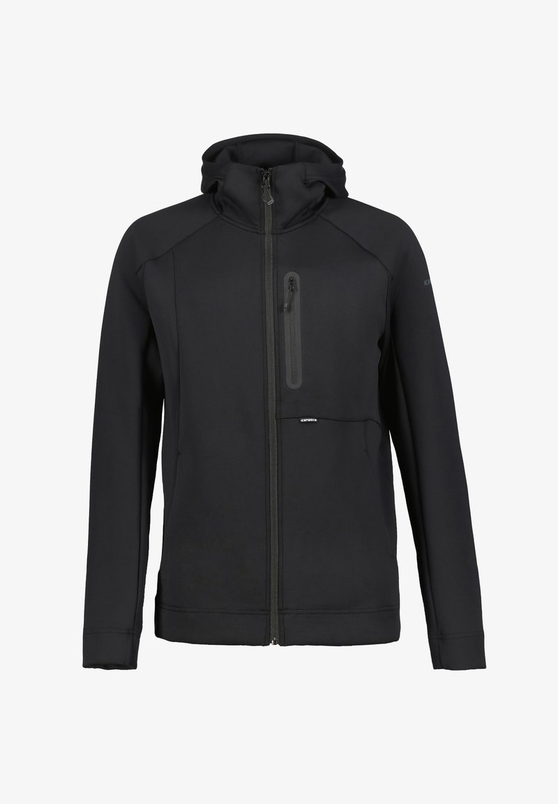 Felpa nera con zip realizzata in un tessuto morbido e elasticizzato. Presenta un colletto alto, una chiusura frontale con zip e una tasca sul petto con zip.