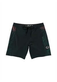 Black swim shorts with a drawstring waist, featuring colorful tropical leaf pattern on the sides and a hexagonal logo patch on the hem.