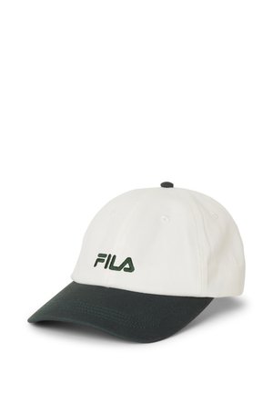 Gorra de béisbol FILA blanca y negra con visera curva negra y logotipo FILA bordado en negro en el panel frontal.
