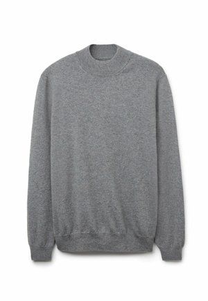 Grauer Pullover aus weichem Strickstoff. Mit hohem Rundhalsausschnitt, langen Ärmeln und gerippten Bündchen und Saum. Glatte Textur.