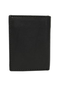 Czarny skórzany portfel o gładkiej fakturze, prostokątnym kształcie, zaokrąglonych krawędziach i kontrastowym przeszyciu wzdłuż szwów.