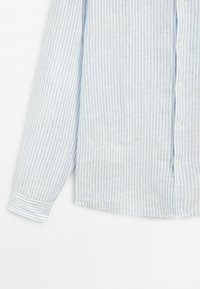 Light blue and white vertically striped long-sleeve shirt with button front and visible cuff, shown from the waist up.