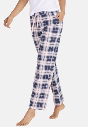 Karierte Pyjamahose in Marineblau und zartem Rosa mit Kordelzugbund, weitem Bein und Taschen. Aus leichtem Stoff gefertigt.