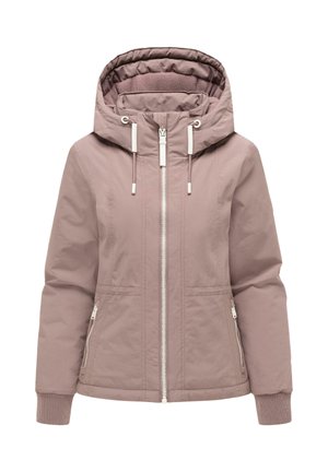 Mauve polstret jakke med forreste lynlås, to lynlåslommer, ribstrikkede manchetter og en hætte med snoretræk og blødt foer indvendigt.